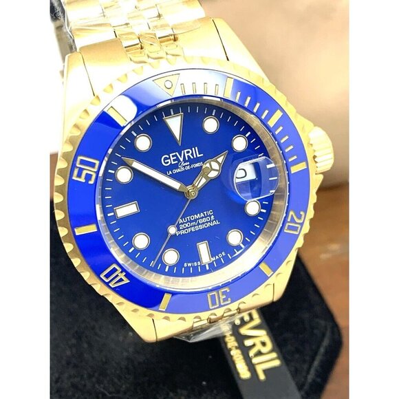 Gevril Men's Watch 4854B Wall Street Swiss Automatic Diver Blue Dial Gold 43mm - Picture 14 of 15